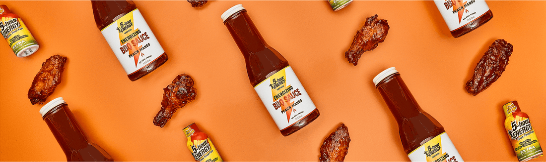 Image of BBQ chicken and BBQ sauce with 5-hour ENERGY Peach Mango Shots