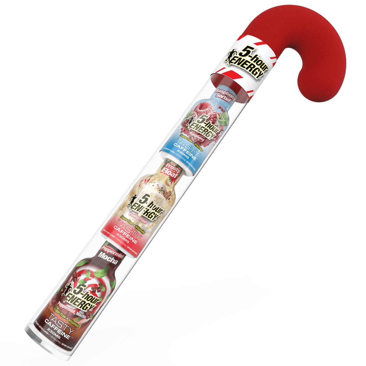 A novelty candy cane-shaped container made of clear plastic, holding four bottles of 5-Hour Energy drink in assorted flavors, with a red curved top and white striped label.