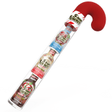 A novelty candy cane-shaped container made of clear plastic, holding four bottles of 5-Hour Energy drink in assorted flavors, with a red curved top and white striped label.