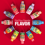 Twelve bottles of 5-hour Energy shots arranged in a circle on a bright red background, with the text 'Find Your Favorite FLAVOR' in the center. The bottles show various colorful labels for different flavors. 