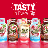 Variety of 5-hour flavors on a red background with the test Tasty in Every Sip