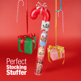 Candy Cane shaped container with a variety of 3 5-hour flavors handing by a ribbon with the text Perfect Stocking Stuffer
