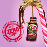 A bottle of Peppermint Mocha flavor energy shot hanging from a candy cane with a large 'Zero Sugar' graphic overlay in the foreground.