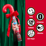 Candy Cane container containing 3 flavors of 5-hour energy with a red panel on the right showing feature icons for tasty, 230 mg caffeine, 0 calories, zero sugar, and vitamins.