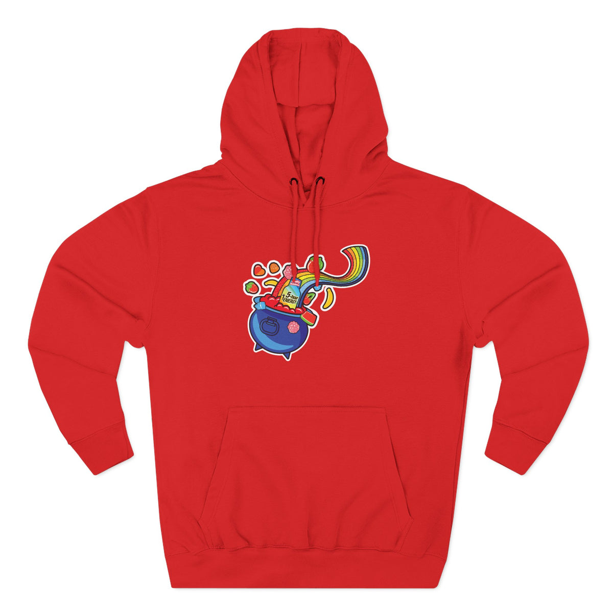 Red hoodie with a colorful graphic on a white background