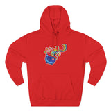 Red hoodie with a colorful graphic on a white background