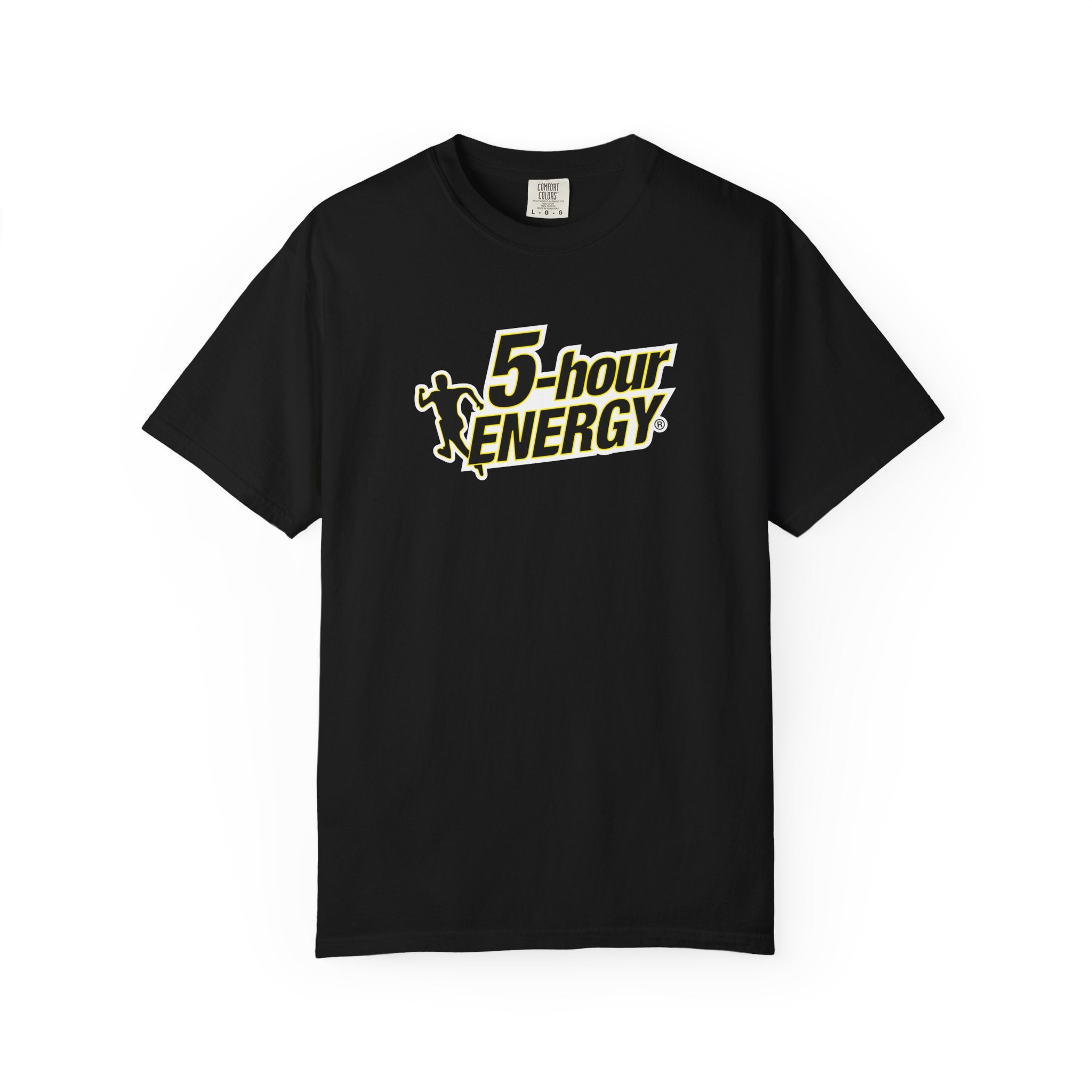 Black t-shirt with white text on a white background