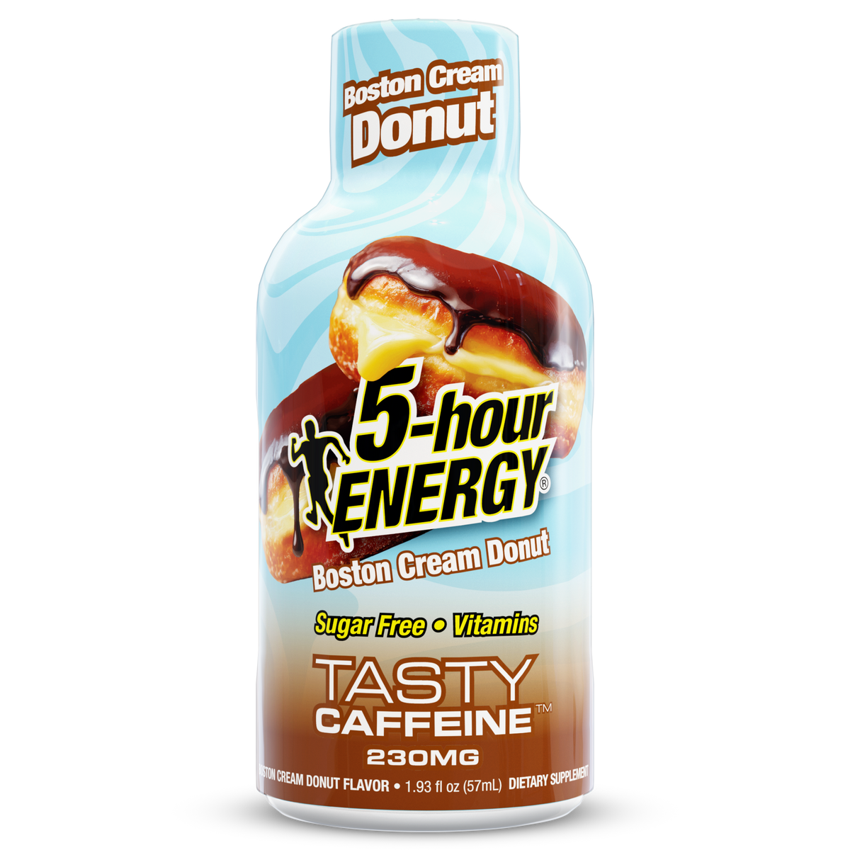 A bottle of 5-hour Energy Boston Cream Donut, featuring a light blue and white liquid-style label with a chocolate-covered donut graphic, on a plain white background.