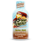 A bottle of 5-hour Energy Boston Cream Donut, featuring a light blue and white liquid-style label with a chocolate-covered donut graphic, on a plain white background.
