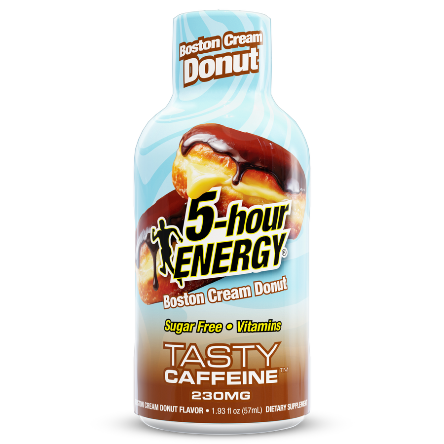 A bottle of 5-hour Energy Boston Cream Donut, featuring a light blue and white liquid-style label with a chocolate-covered donut graphic, on a plain white background.