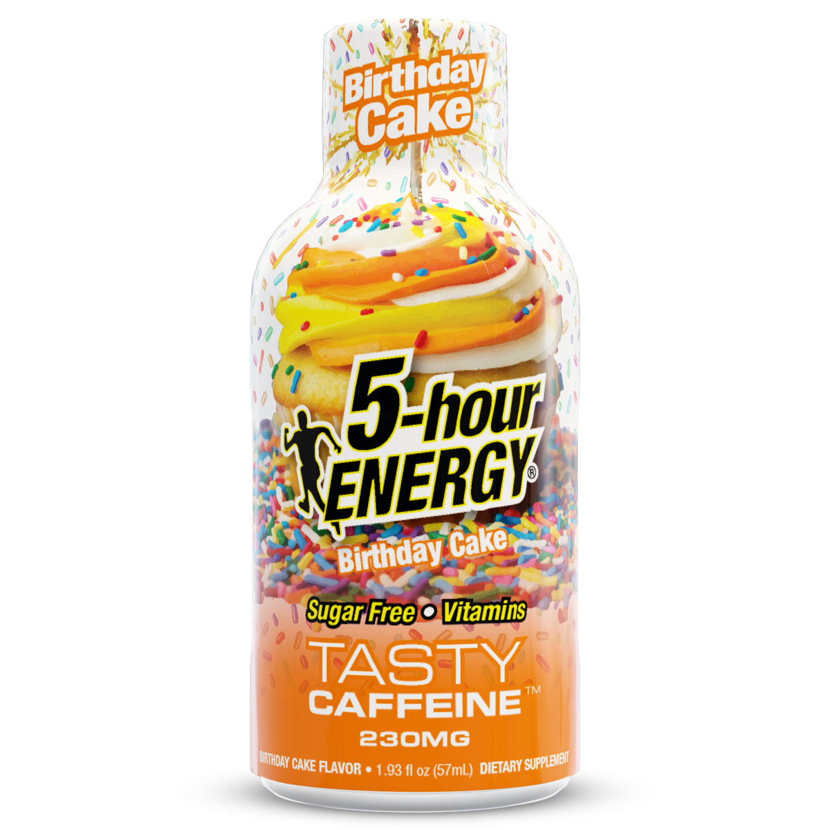 A bottle of 5-hour Energy Birthday Cake flavor, featuring a colorful label with a cake frosting swirl and sprinkles on a white background.
