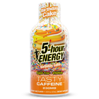 A bottle of 5-hour Energy Birthday Cake flavor, featuring a colorful label with a cake frosting swirl and sprinkles on a white background.
