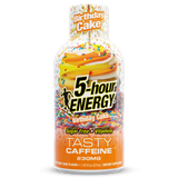 A bottle of 5-hour Energy Birthday Cake flavor, featuring a colorful label with a cake frosting swirl and sprinkles on a white background.