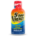 A bottle of 5-hour Energy Regular Strength Berry flavor shown against a solid black background. The bottle features a vibrant orange-to-yellow gradient upper body, a yellow-to-blue gradient lower body, and a red cap with white 'Berry' text.