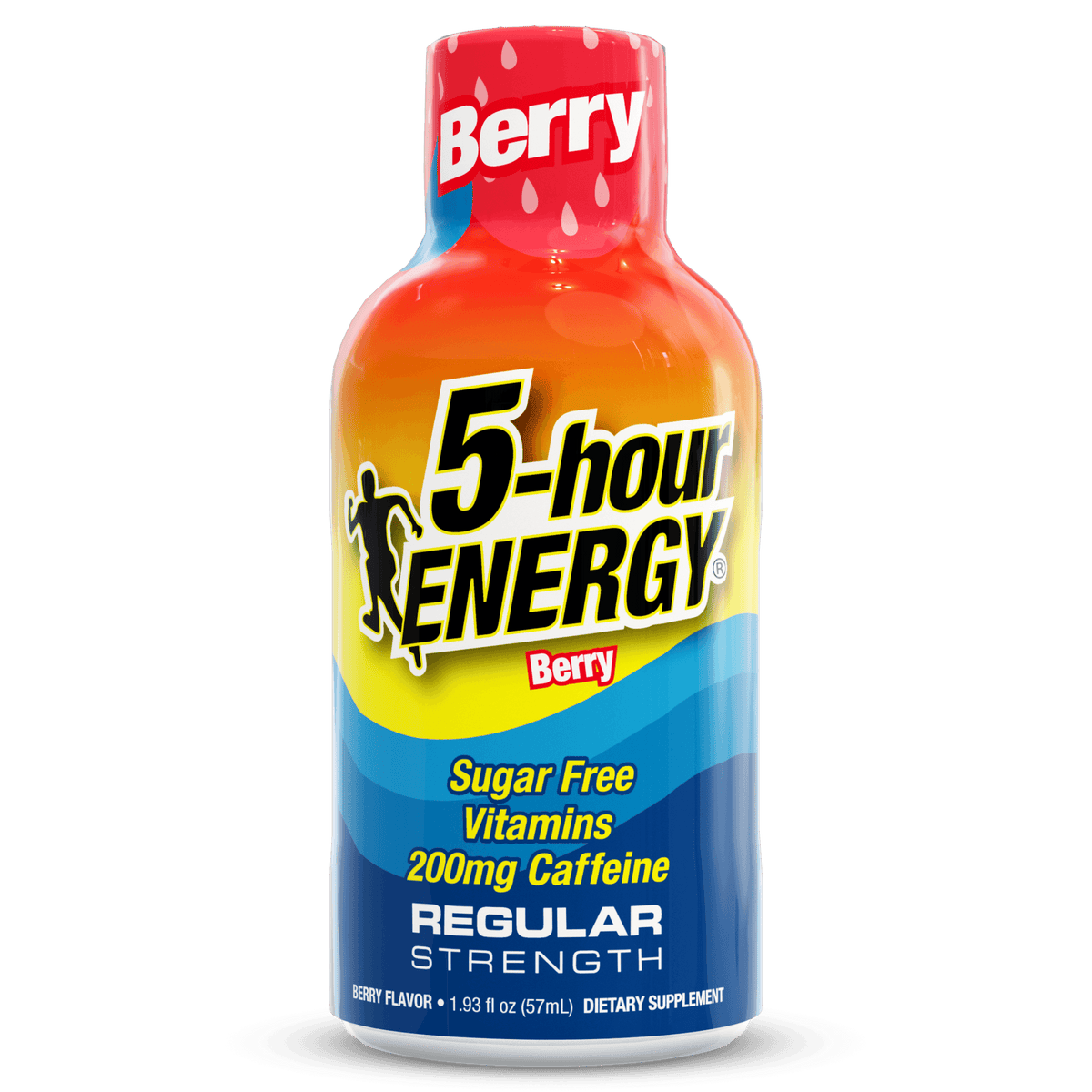 A bottle of 5-hour Energy Regular Strength Berry flavor shown against a solid black background. The bottle features a vibrant orange-to-yellow gradient upper body, a yellow-to-blue gradient lower body, and a red cap with white 'Berry' text.