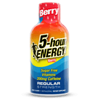 A bottle of 5-hour Energy Regular Strength Berry flavor shown against a solid black background. The bottle features a vibrant orange-to-yellow gradient upper body, a yellow-to-blue gradient lower body, and a red cap with white 'Berry' text.
