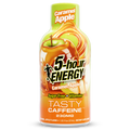 A bottle of 5-hour Energy Caramel Apple flavor featuring a green cap and a label with caramel swirls and an apple graphic on a white background.