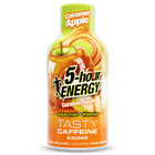 A bottle of 5-hour Energy Caramel Apple flavor featuring a green cap and a label with caramel swirls and an apple graphic on a white background.