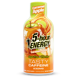 A bottle of 5-hour Energy Caramel Apple flavor featuring a green cap and a label with caramel swirls and an apple graphic on a white background.