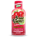A bottle of 5-hour Energy Cranberry Lime dietary supplement, featuring a red and pink label with illustrations of cranberries and lime, on a solid white background.