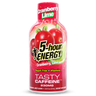 A bottle of 5-hour Energy Cranberry Lime dietary supplement, featuring a red and pink label with illustrations of cranberries and lime, on a solid white background.
