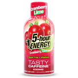 A bottle of 5-hour Energy Cranberry Lime dietary supplement, featuring a red and pink label with illustrations of cranberries and lime, on a solid white background.