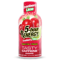 A bottle of 5-hour Energy Tasty Caffeine in Cranberry Lime flavor, featuring a red label with illustrations of cranberries and a lime slice, on a plain white background.