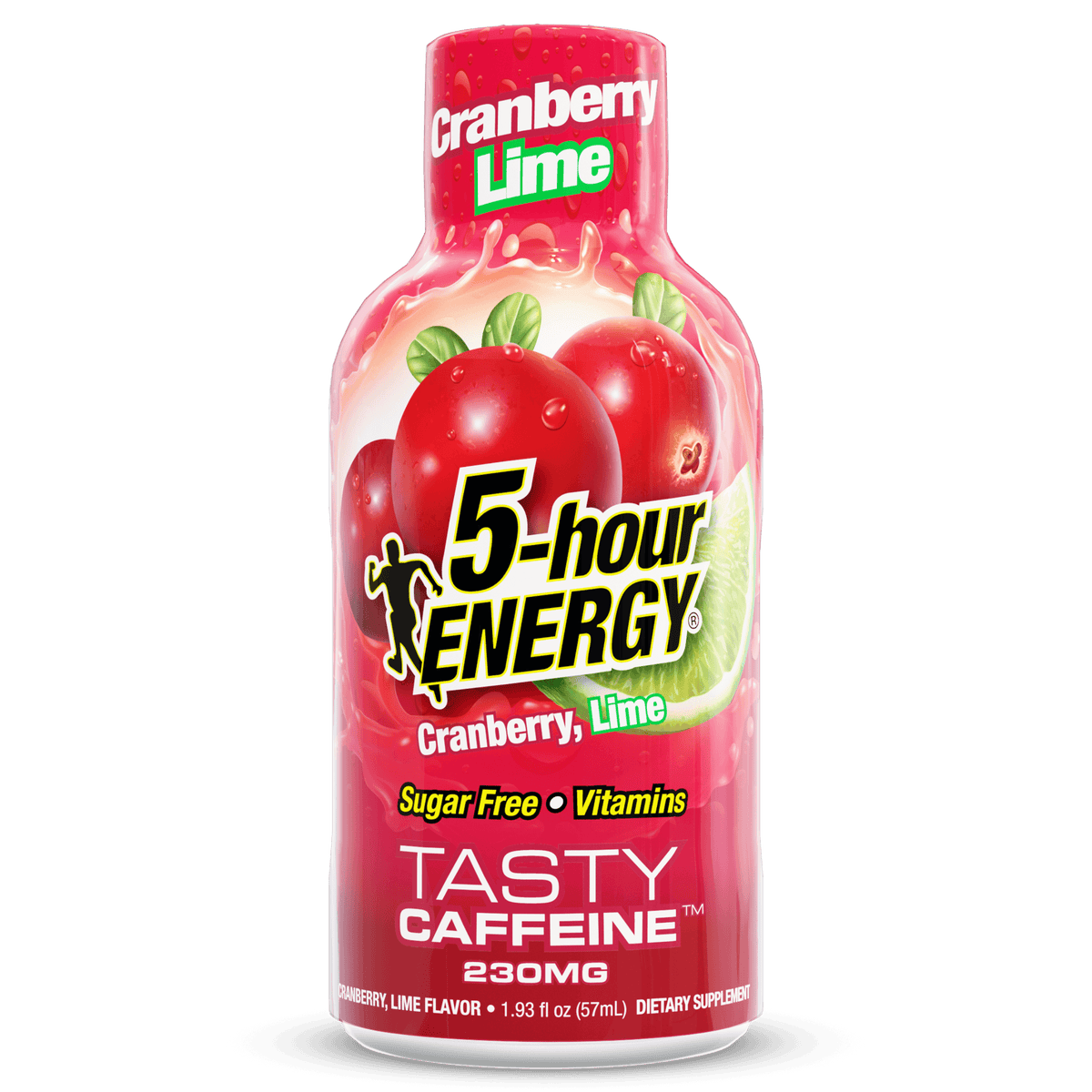 A bottle of 5-hour Energy Tasty Caffeine in Cranberry Lime flavor, featuring a red label with illustrations of cranberries and a lime slice, on a plain white background.