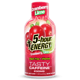 A bottle of 5-hour Energy Tasty Caffeine in Cranberry Lime flavor, featuring a red label with illustrations of cranberries and a lime slice, on a plain white background.