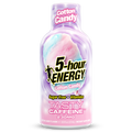 A bottle of 5-hour Energy Cotton Candy flavor on a plain white background. The label features a pink and light blue cotton candy graphic with the brand name '5-hour Energy' in bold black and yellow text.