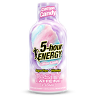 A bottle of 5-hour Energy Cotton Candy flavor on a plain white background. The label features a pink and light blue cotton candy graphic with the brand name '5-hour Energy' in bold black and yellow text.