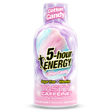 A bottle of 5-hour Energy Cotton Candy flavor on a plain white background. The label features a pink and light blue cotton candy graphic with the brand name '5-hour Energy' in bold black and yellow text.