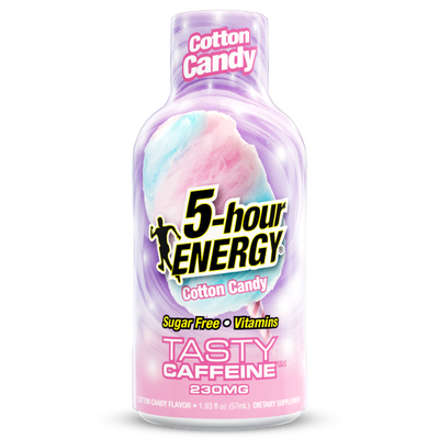 A bottle of 5-hour Energy Cotton Candy flavor on a plain white background. The label features a pink and light blue cotton candy graphic with the brand name '5-hour Energy' in bold black and yellow text.