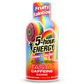 A bottle of 5-hour Energy Rainbow Candy flavor on a plain white background. The label features a vibrant rainbow design with illustrations of gummy candies and text indicating it is sugar free, contains vitamins, and has 230mg caffeine.
