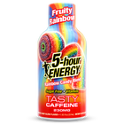 A bottle of 5-hour Energy Rainbow Candy flavor on a plain white background. The label features a vibrant rainbow design with illustrations of gummy candies and text indicating it is sugar free, contains vitamins, and has 230mg caffeine.