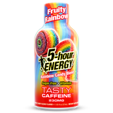 A bottle of 5-hour Energy Rainbow Candy flavor on a plain white background. The label features a vibrant rainbow design with illustrations of gummy candies and text indicating it is sugar free, contains vitamins, and has 230mg caffeine.