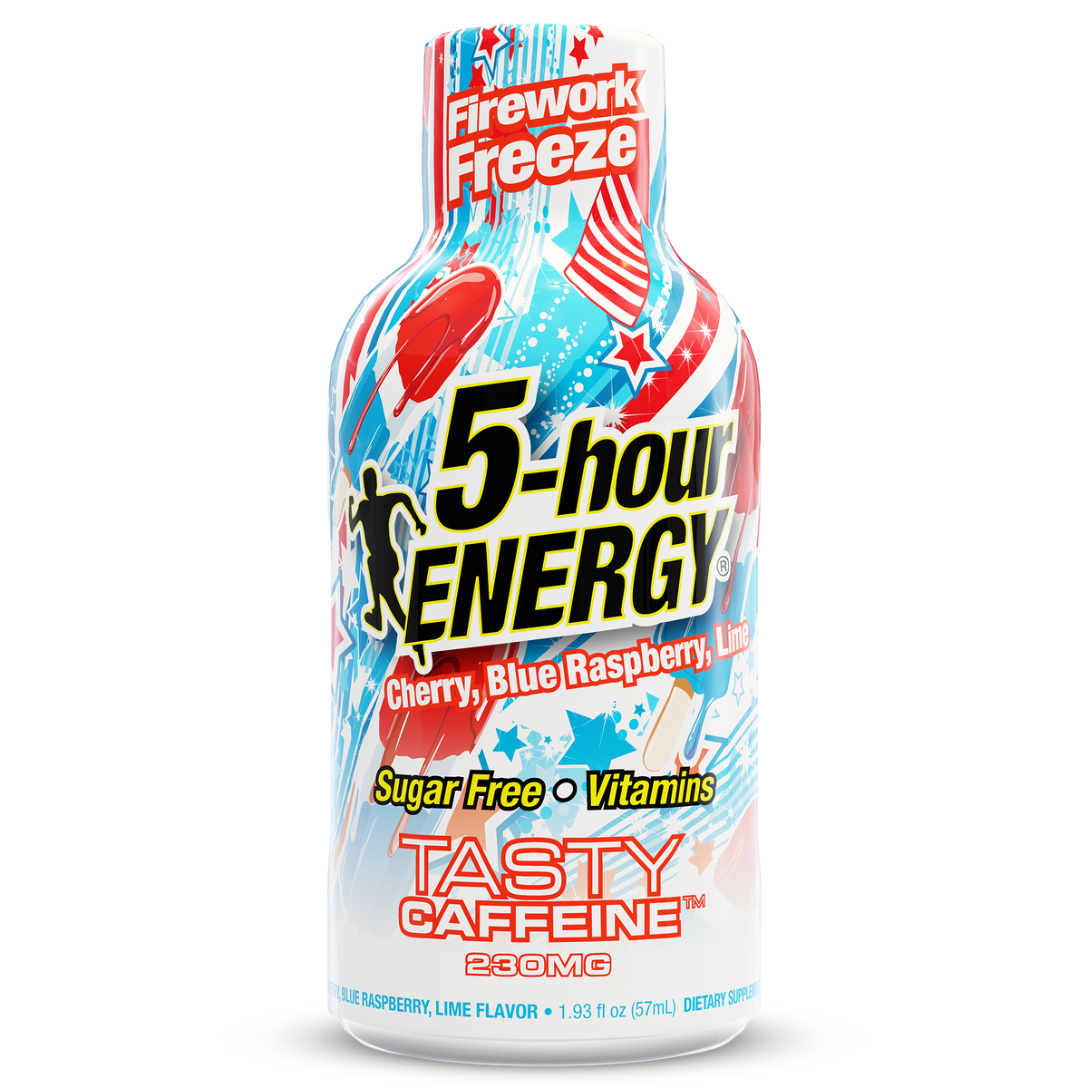 A 5-hour Energy shot in Firework Freeze flavor, featuring a patriotic red, white, and blue design with cherry, blue raspberry, and lime graphics.
