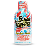 A 5-hour Energy shot in Firework Freeze flavor, featuring a patriotic red, white, and blue design with cherry, blue raspberry, and lime graphics.