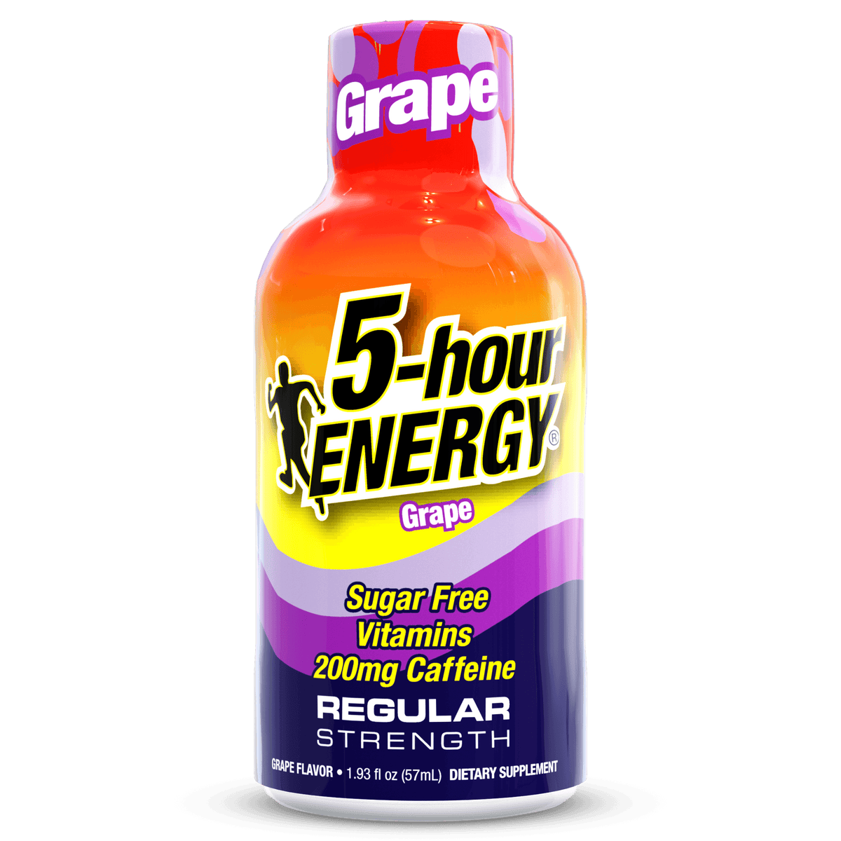 A bottle of 5-hour Energy Regular Strength grape-flavored dietary supplement, featuring a vibrant red-to-yellow-to-purple gradient label with bold black and yellow text.
