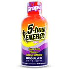 A bottle of 5-hour Energy Regular Strength grape-flavored dietary supplement, featuring a vibrant red-to-yellow-to-purple gradient label with bold black and yellow text.