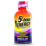 A bottle of 5-hour Energy Regular Strength grape-flavored dietary supplement, featuring a vibrant red-to-yellow-to-purple gradient label with bold black and yellow text.