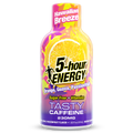 A bottle of 5-hour Energy Hawaiian Breeze flavor on a plain white background. The packaging features a vibrant graphic design with a sliced orange, yellow and pink splash patterns, and purple text at the bottom.