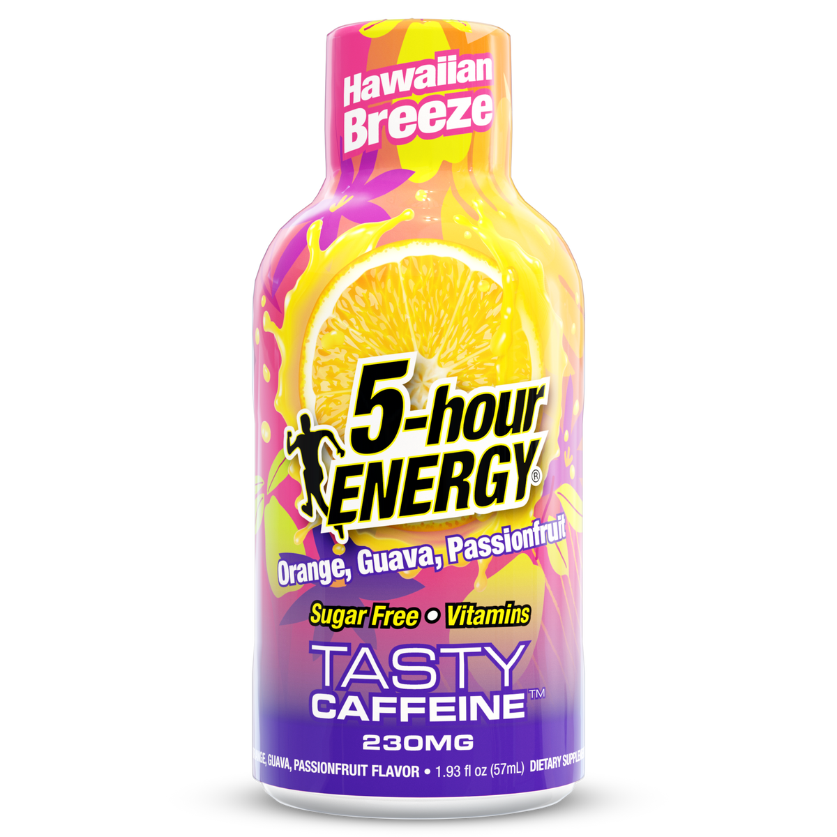 A bottle of 5-hour Energy Hawaiian Breeze flavor on a plain white background. The packaging features a vibrant graphic design with a sliced orange, yellow and pink splash patterns, and purple text at the bottom.