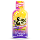 A bottle of 5-hour Energy Hawaiian Breeze flavor on a plain white background. The packaging features a vibrant graphic design with a sliced orange, yellow and pink splash patterns, and purple text at the bottom.