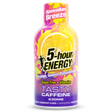 A bottle of 5-hour Energy Hawaiian Breeze flavor on a plain white background. The packaging features a vibrant graphic design with a sliced orange, yellow and pink splash patterns, and purple text at the bottom.