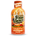 A bottle of 5-hour Energy Tasty Caffeine in Pumpkin Spice flavor, featuring an orange label with a graphic of a pumpkin spice latte with whipped cream, on a white background.