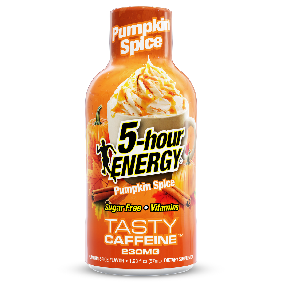 A bottle of 5-hour Energy Tasty Caffeine in Pumpkin Spice flavor, featuring an orange label with a graphic of a pumpkin spice latte with whipped cream, on a white background.