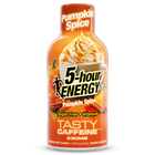 A bottle of 5-hour Energy Tasty Caffeine in Pumpkin Spice flavor, featuring an orange label with a graphic of a pumpkin spice latte with whipped cream, on a white background.