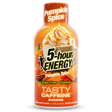 A bottle of 5-hour Energy Tasty Caffeine in Pumpkin Spice flavor, featuring an orange label with a graphic of a pumpkin spice latte with whipped cream, on a white background.