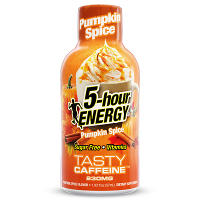 A bottle of 5-hour Energy Tasty Caffeine in Pumpkin Spice flavor, featuring an orange label with a graphic of a pumpkin spice latte with whipped cream, on a white background.